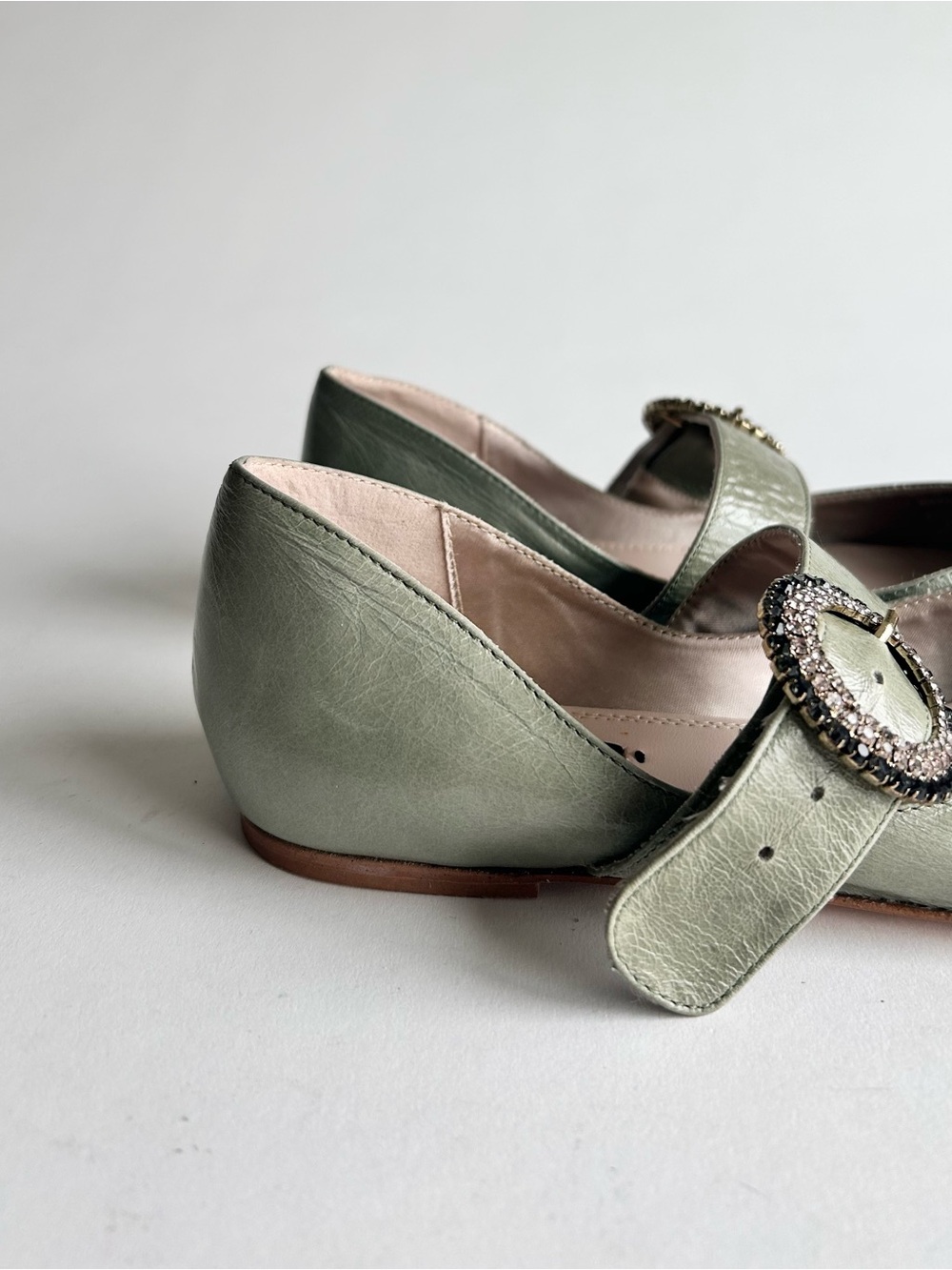 Zara Basic Green Leather Mary Jane Point Toe Glitter Buckle Flats size 7.5 - Picture 15 of 16